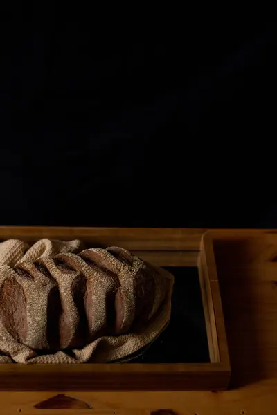 Closeup Decorated Brown Bread Wooden Table Dark Composition Bakery Concept — Stock Photo, Image