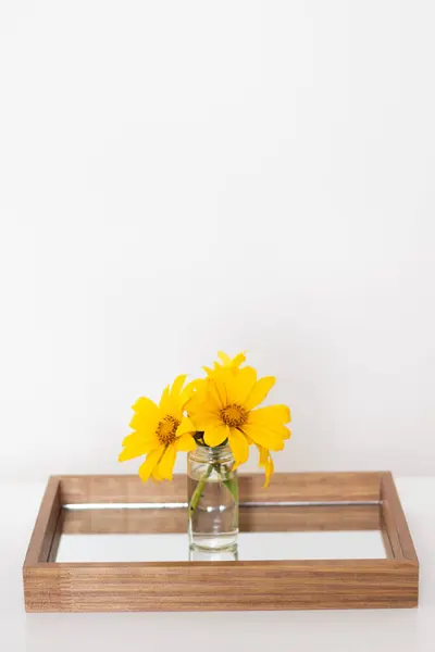 Bouquet Sunflowers Mirror Tray Aesthetic Minimalist Composition — Stock Photo, Image