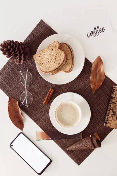 Cozy Coffee Break Concept Breakfast Composition Cup Coffee Sliced Bread — Stock Photo, Image