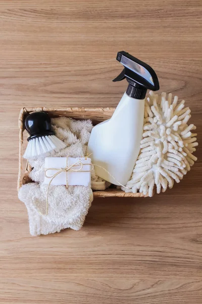 Pretty Home Cleaning Products Wooden Table — Stock Photo, Image