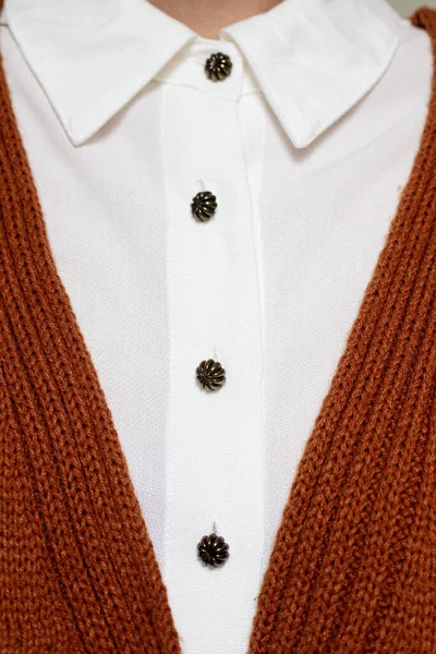 Young pretty woman in brown sweater and white shirt. Fall, autumn fashion composition.