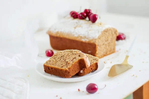 Homemade Nut Cake Cherrys White Background Aesthetic Breakfast Concept — Stock Photo, Image
