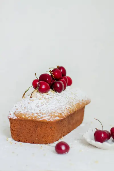 Homemade Nut Cake Cherrys White Background Aesthetic Breakfast Concept — Stock Photo, Image