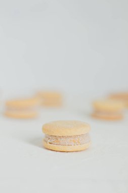 Beyaz arka planda bej bisküviler. Minimalist kompozisyon.