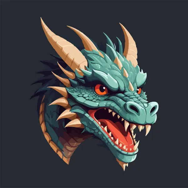 stock vector Green dragon head with orange eyes and steam coming out.