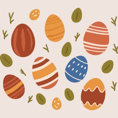 Renkli bir arka planda çeşitli desenlere sahip canlı bir Paskalya yumurtası.