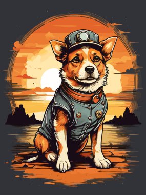 Vintage steampunk dog illustration with sunset in the background clipart