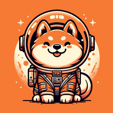 Astronot kılığındaki Şirin Shiba Inu turuncu arka planda.