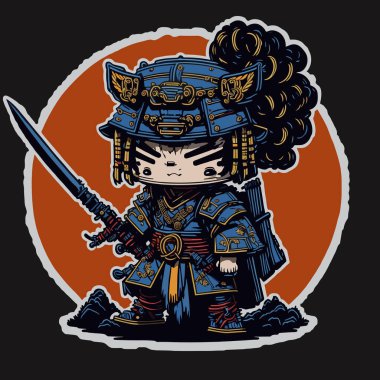 Chibi Warrior in Blue Samurai Armor with Sword on Orange Background Vector clipart