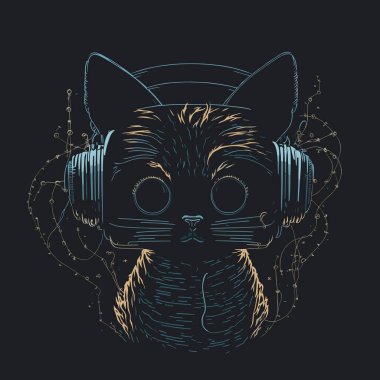 Digital Cat with Headphones on Dark Background Vector clipart