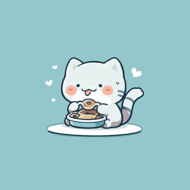 Adorable Cartoon Cat Delightedly Eating Fish in Pastel Art. Cute Cat Vector. clipart