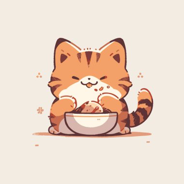 Cute Cartoon Cat Enjoying Its Meal with Delightful Expressions. Cute Cat Vector. clipart