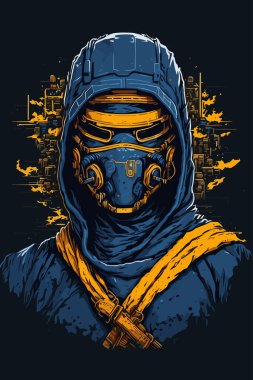 Futuristic Cyberpunk Soldier in Blue and Orange Vector clipart