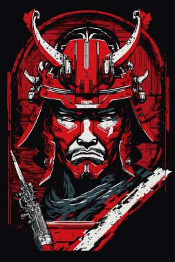 Samurai Illustration Vector. Striking Red and Black Anime Portrait Art clipart