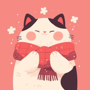 Adorable Cat in Scarf with Floral Snowflakes on Pink Background. Vector Cute Cat. clipart