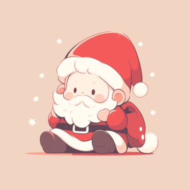 Adorable Cartoon Santa Sitting on a Neutral Background with Stars. Cute Santa Vector. clipart