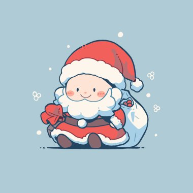 Açık Mavi Arkaplanda Hediye Torbası 'yla Şirin Santa Illustration. Sevimli Noel Vektörü.