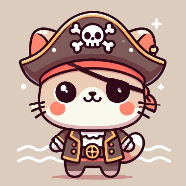 Adorable Pirate Cat Cartoon with Skull Hat and Eye Patch. Cute Vector Cat. Pirate Cat Vector. clipart