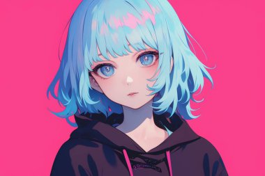 A captivating anime-style portrait of a girl with blue hair and vivid blue eyes, contrasting a bright pink backdrop. clipart