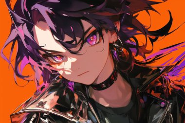 Anime character with piercing violet eyes, black hair, and a leather jacket against a vivid orange backdrop. clipart