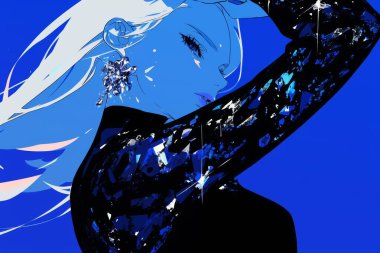 Stylized anime art of a person with striking earrings and crystal details, set against a bold blue background. clipart