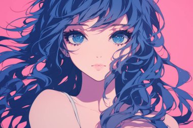 A captivating anime girl with long, blue hair flowing gracefully over a vibrant pink backdrop, embodying serenity. clipart