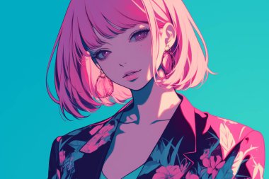 A vibrant anime character with pink hair and a floral jacket, set against a bright blue background. clipart