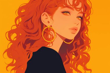 Illustration of a red-haired woman with gold earrings on a vivid orange background, showcasing elegance. clipart