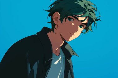 A young anime boy with teal hair, wearing a dark jacket, gazes pensively against a vibrant blue backdrop. clipart