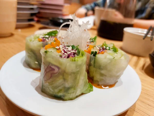 Spring Roll Served White Plate Sushi Restaurant — Stock Photo, Image