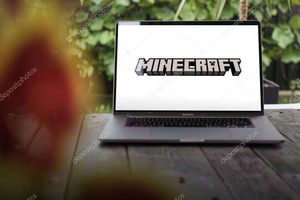 WROCLAW, POLAND - SEPTEMBER 14, 2023:Minecraft logo, sandbox game developed by Mojang Studios, displayed on a MacBook Pro screen