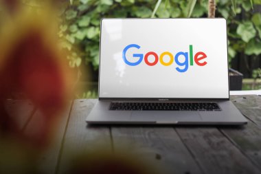 WROCLAW, POLAND - 14 Eylül 2023: Google logosu, Larry Page tarafından kurulan çok uluslu Amerikan teknoloji şirketi, bir MacBook Pro ekranında sergilendi