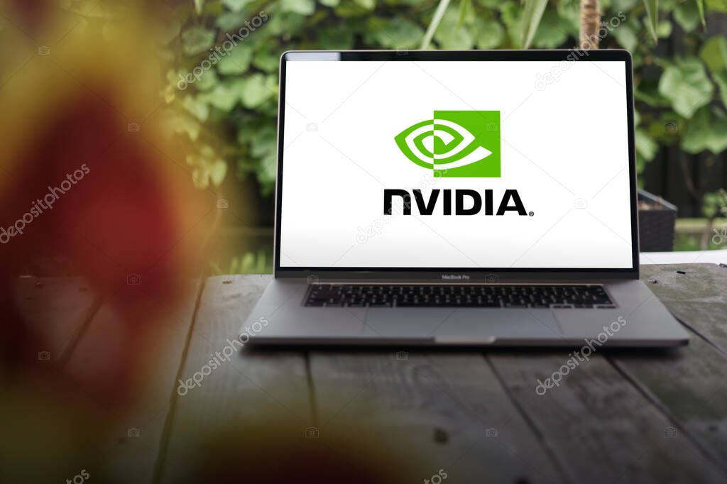 WROCLAW, POLAND - OCTOBER 2, 2023:Nvidia logo, American technology company which designs graphics processing units (GPUs), displayed on a MacBook Pro screen