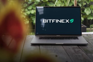 WROCLAW, POLAND - NOVEMBER 22, 2023: BITFINEX logosu, iFinex Inc. 'in sahip olduğu ilk kripto para birimlerinden biri, MacBook Pro ekranında sergilendi.