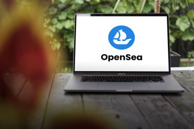 WROCLAW, POLAND - NOVEMBER 22, 2023: Açık Deniz logosu, MacBook Pro ekranında sergilenen Amerikan karşılanamayan sembol (NFT) pazarı