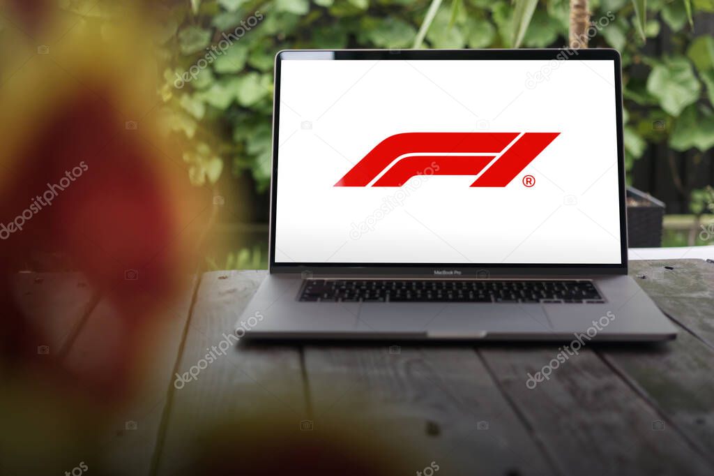 WROCLAW, POLAND - NOVEMBER 22, 2023:F1 logo (Formula One), the highest class of international racing for open-wheel single-seater formula racing cars, displayed on MacBook Pro screen