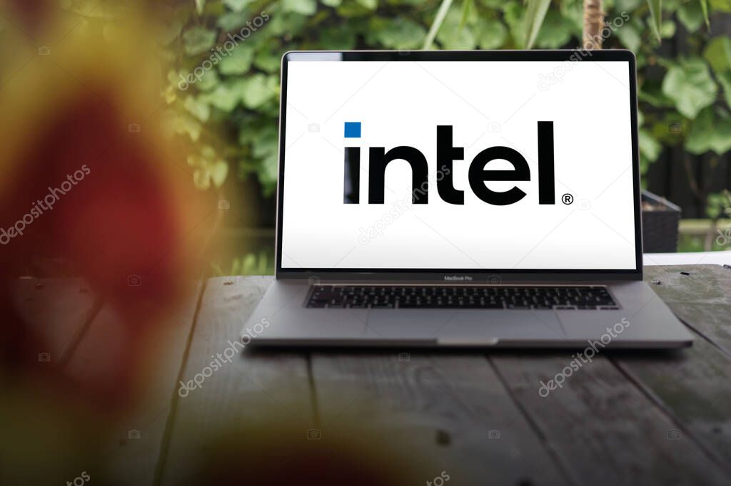 WROCLAW, POLAND - NOVEMBER 22, 2023:Intel logo, multinational corporation and technology company, semiconductor chip manufacturer, displayed on MacBook Pro screen