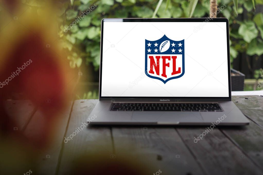 WROCLAW, POLAND - NOVEMBER 22, 2023:NFL logo (National Football League), professional American football league that consists of 32 teams, displayed on MacBook Pro screen