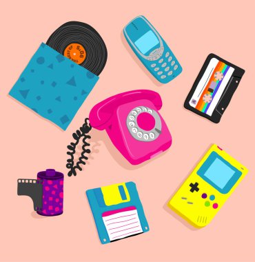 90 'lardan kalma elle düzenlenebilir vektör grafik eşyalar. Eski, eski şeyler..