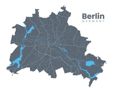 Berlin 'in detaylı haritası - Almanya' nın başkenti - şehir sınırları haritası. Şehir posterinin karanlık arka planında sokakları olan karanlık dolgu versiyonu.