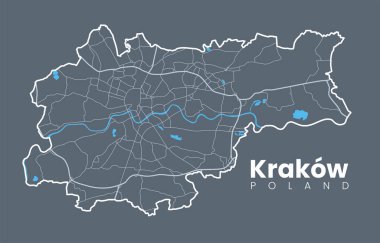 Şehir Krakow haritası. Krakow 'un detaylı haritası (Krakovia), Polonya. Caddeleri ve Vistula Nehri 'nin olduğu şehir posteri. Koyu arkaplanda hafif vuruş sürümü.