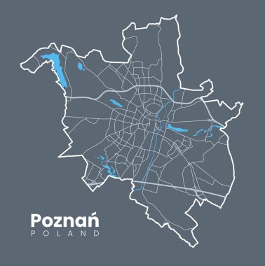 Şehir Poznan haritası. Poznan haritası, Polonya sınırları. Sokakları ve Warta Nehri 'nin olduğu şehir posteri. Koyu arkaplanda hafif vuruş sürümü.