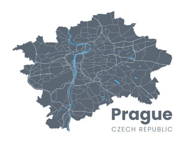 Çek Cumhuriyeti 'nin başkenti Prag' ın ayrıntılı haritası. Sokakları ve Vltava Nehri 'nin olduğu Praha City posterinin karanlık doldurulmuş versiyonu..