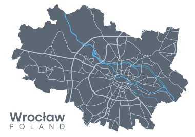 Urban Wroclaw haritası. Wroclaw, Polonya 'nın detaylı haritası. Sokakları ve Odra Nehri 'nin olduğu şehir posteri. Koyu Doldurma sürümü.