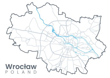 Urban Wroclaw haritası. Wroclaw, Polonya 'nın detaylı haritası. Sokakları ve Odra Nehri 'nin olduğu şehir posteri. Hafif vuruş sürümü.