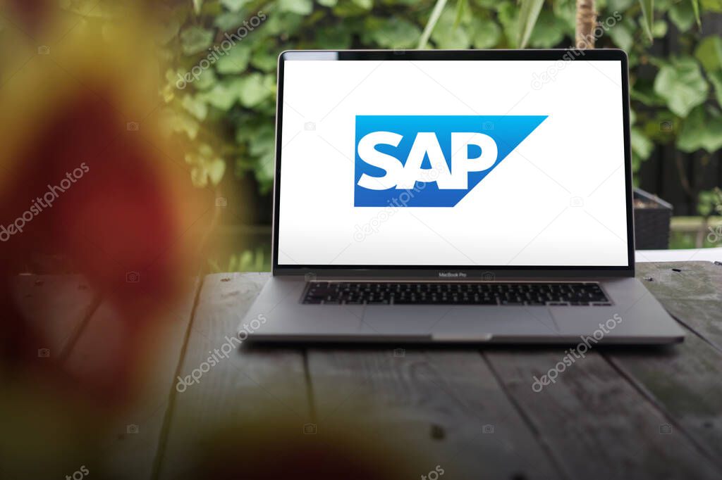 WROCLAW, POLAND - JULY 7, 2024:SAP logo, corporation making enterprise software for business operations and customer relations, enabling digital transformation, displayed on MacBook Pro screen