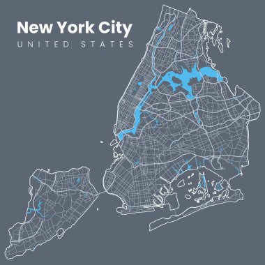 Şehir New York haritası. NYC haritası, ABD sınırları. Koyu arkaplandaki sokakları da içeren vektör ışık vuruşu sürümü.