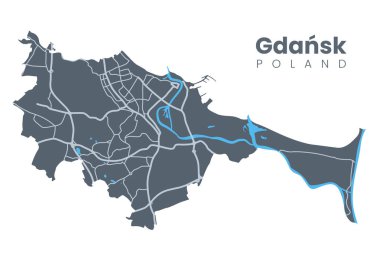 Gdansk - Kuzey Polonya 'nın Baltık kıyısında ve Pomeranya Voyvoda' nın başkenti. Sokakları ve Motlawa Nehri 'ni gösteren şehir haritası.