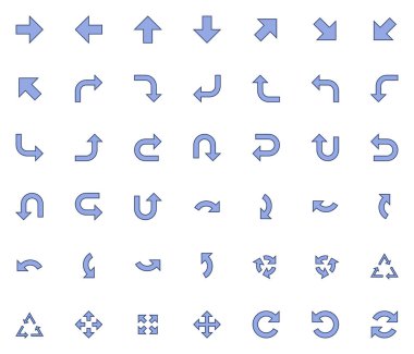 Vektör simgeleri 42 ok simgesi içeriyor. İzole edilmiş ok imleci koleksiyonu. Basit modern pictogram şekli - Keskin biçimi doldur ve ana hatlarını çiz.