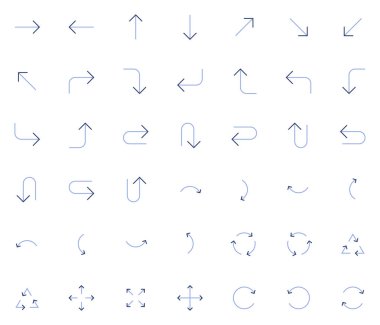Vektör simgeleri 42 ok simgesi içeriyor. İzole edilmiş ok imleci koleksiyonu. Basit modern pictogram şekli - ince çizgi duotone biçimi (iki renk).
